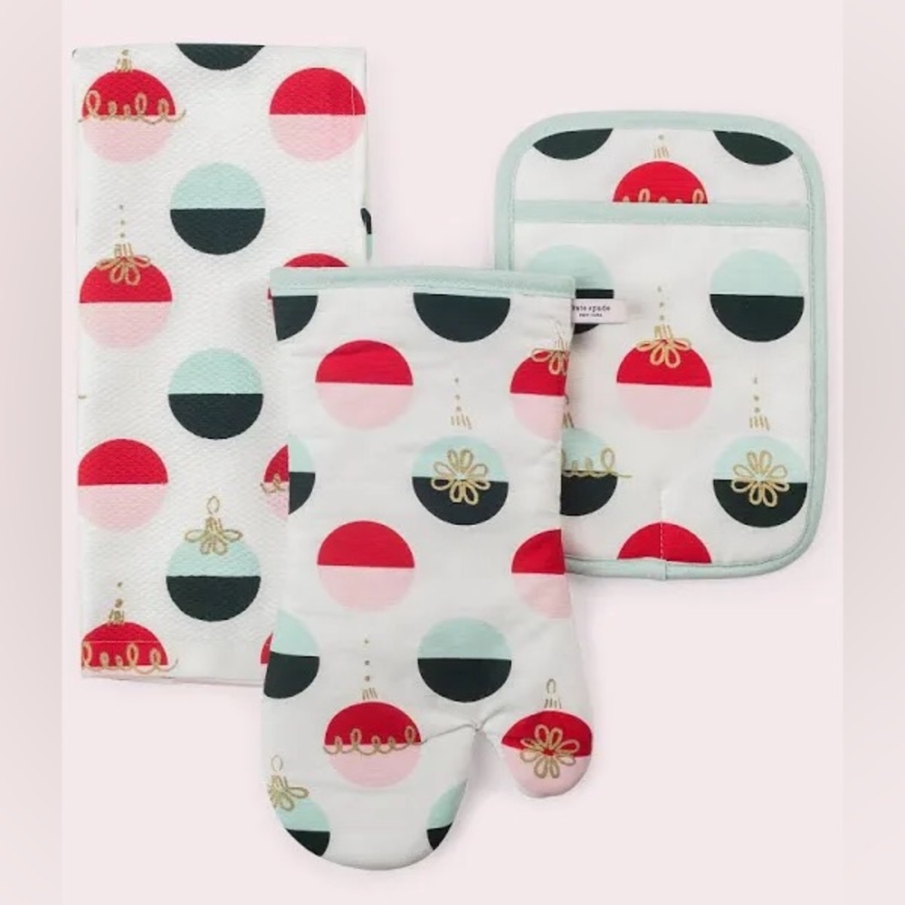 KATE SPADE NEW YORK 3 Piece Kitchen Set Towel Mitt Potholder Ornament NWT